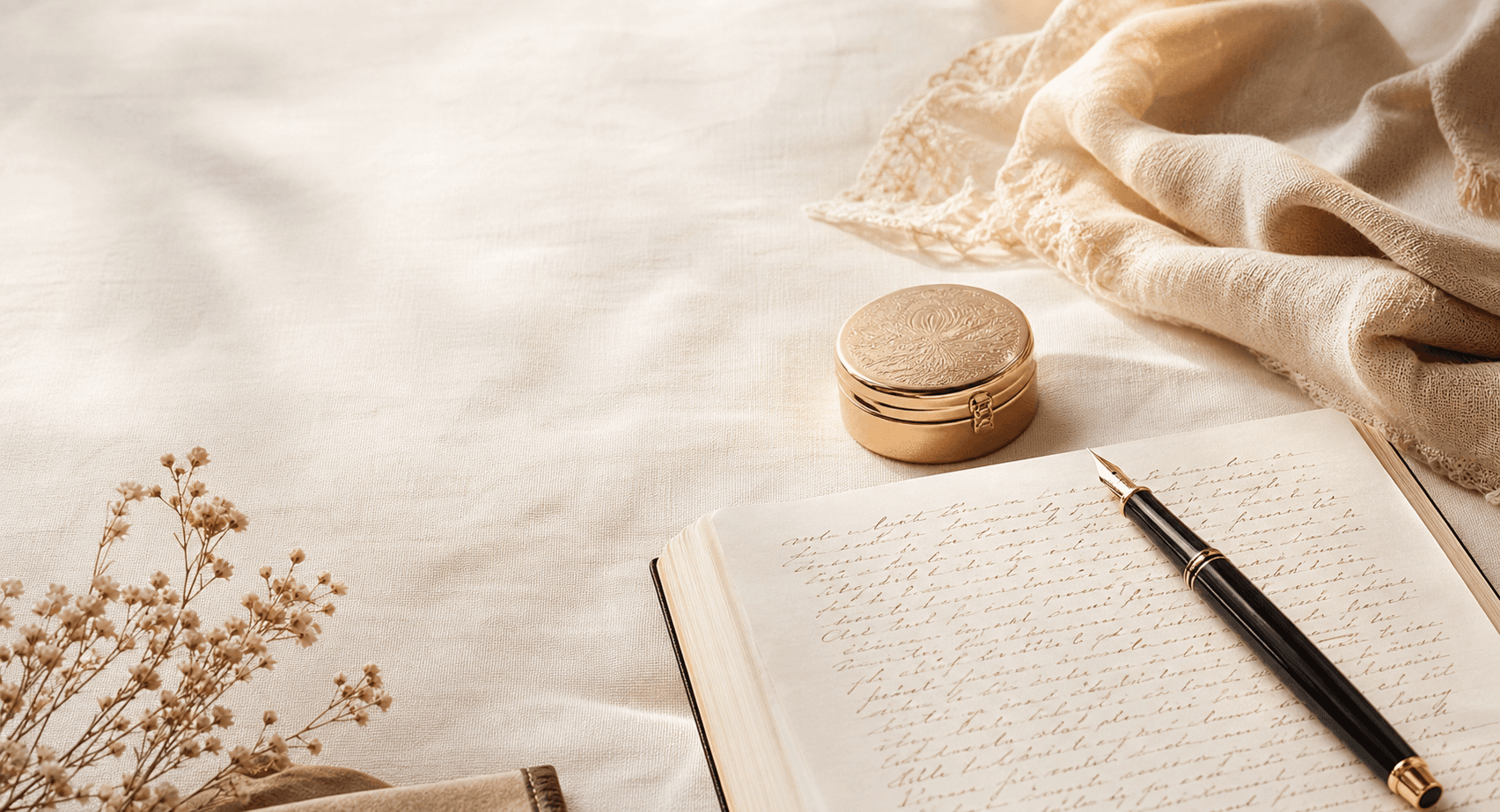 Editoriales Stillleben mit Journal als Symbol fuer Clara-Emilias Geschichte